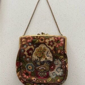 Vintage Floral Needlepoint Kiss-Lock Handbag | Pastoral Scene Brass Frame